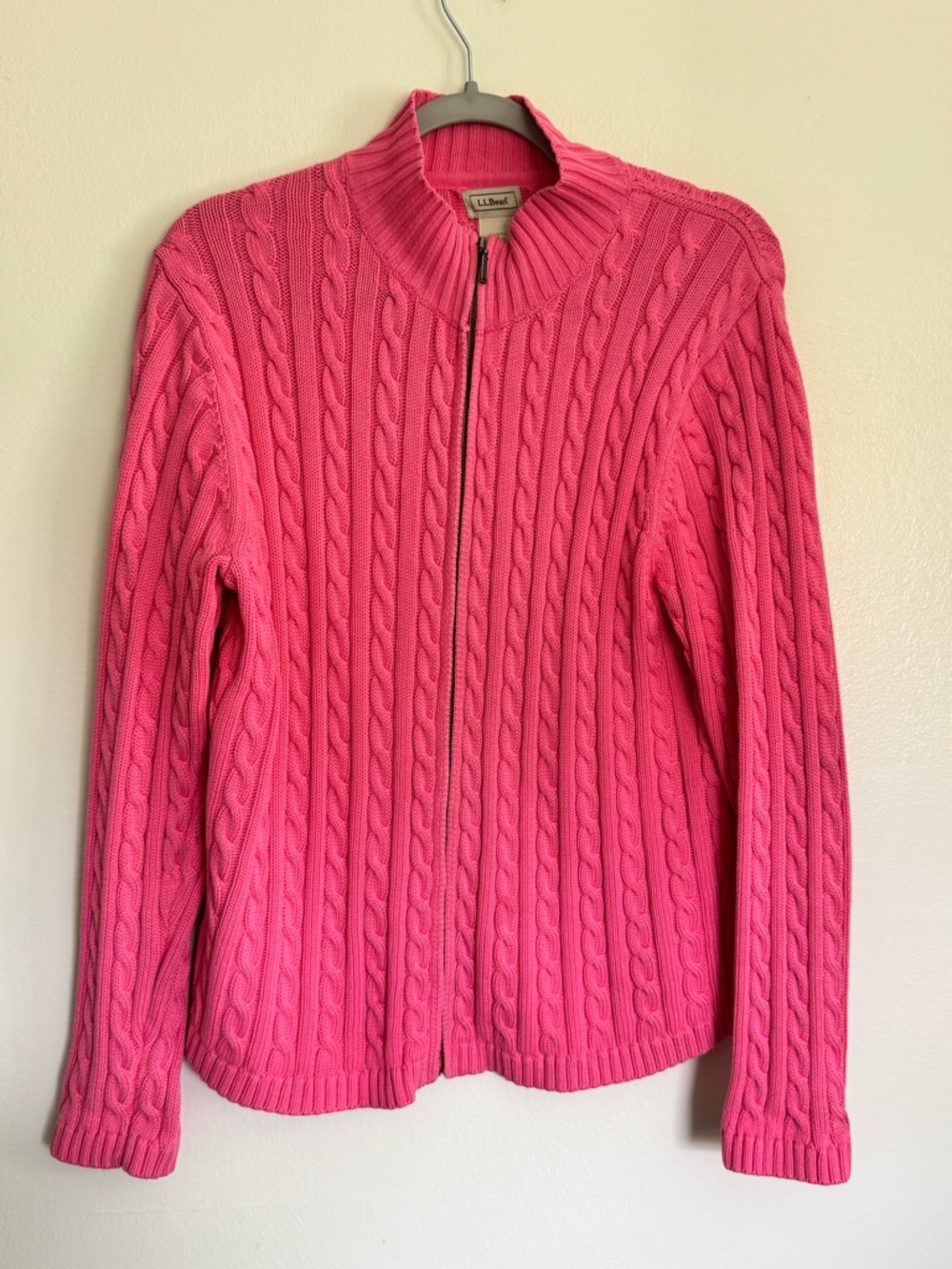 L.L. BEAN Zip Front Cable Knit Cardigan - Pink - Women's Size Large -100% Cotton